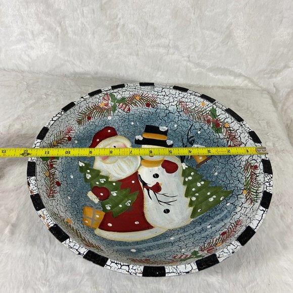 Vintage Wooden Santa & Snowman Hand Painted Dough Bowl Folk Art Rustic Crackle - Picture 8 of 8